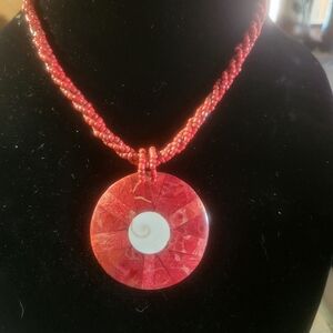 UNIQUE necklace with earings. This is coral with inlaid shell.